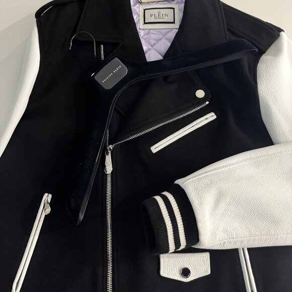 PHILIPP PLEIN Wool and Leather Biker Jacket like NEW, Size 3XL runs small - Picture 9 of 17